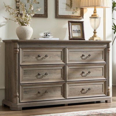 Brafabhome Farmhouse Wooden Dresser with 6 Drawers for Bedroom, Vintage Chest of Drawers Double Dresser for Living Room, Closet, Hallway | Light Brown