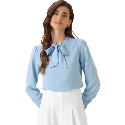 INSPIRE CHIC Women's Bow Tie Neck Elegant Long Sleeve Solid Work Office Blouse