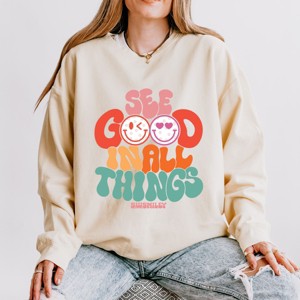 Simply Sage Market S.W.Smiley See Good In All Things Smiley Face Lightweight Garment Dyed Sweatshirt - 1 of 4