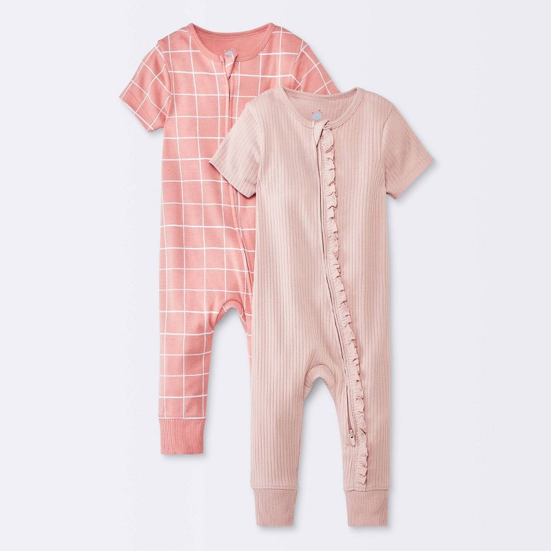 Baby Girls' 2pk Short Sleeve Wide Ribbed Romper - Cloud Island™ Pink, 1 of 6