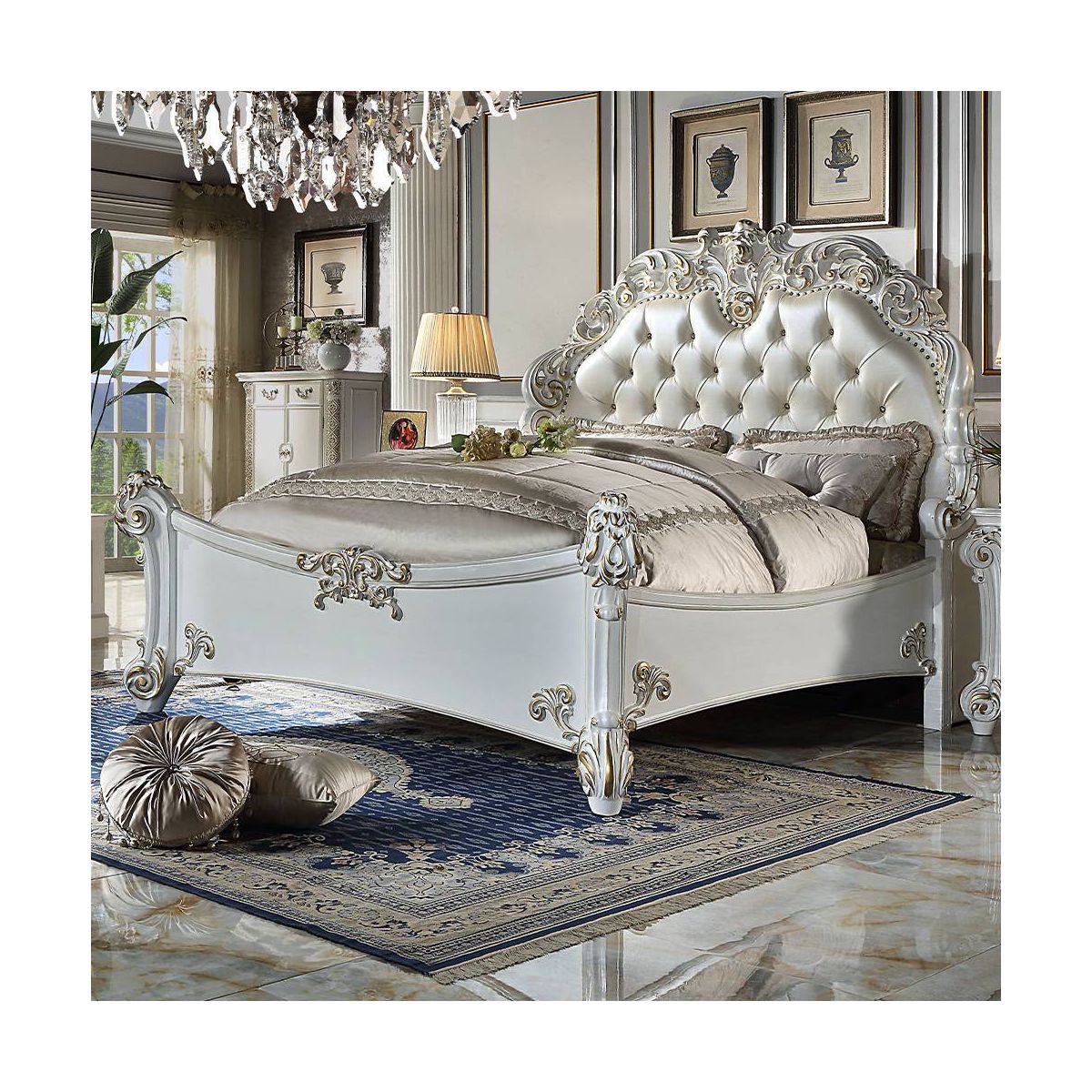 94" Eastern King Bed Vendome Bed Synthetic Leather and Antique Pearl Finish - Acme Furniture: Luxurious Carved Details - thumbnail 4