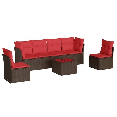vidaXL 7 Piece Patio Sofa Set with Cushions Brown and Red Poly Rattan - With Table