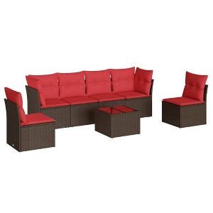 vidaXL 7 Piece Patio Sofa Set with Cushions Brown and Red Poly Rattan - With Table - 1 of 4