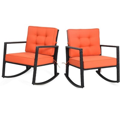 Tangkula 2PCS Outdoor Wicker Rocking Chairs Glider Rattan Rocker Recliner with Cushion