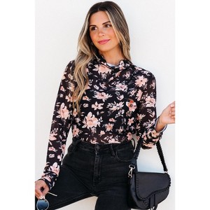 Floral Mesh Mock Neck Long Sleeve Slim Fit Top - 1 of 1