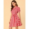 INSPIRE CHIC Women's Short Sleeve Retro Waist Belt Check Button Up A-Line Plaid Shirt Dress - 3 of 4