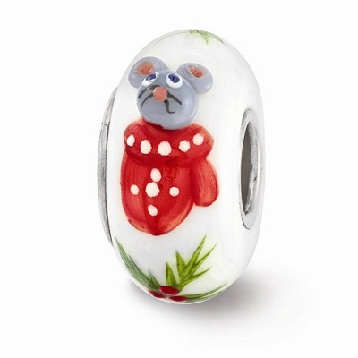 Black Bow Jewelry Fenton Hand Painted Christmas Mouse Glass & Sterling Silver Bead Charm