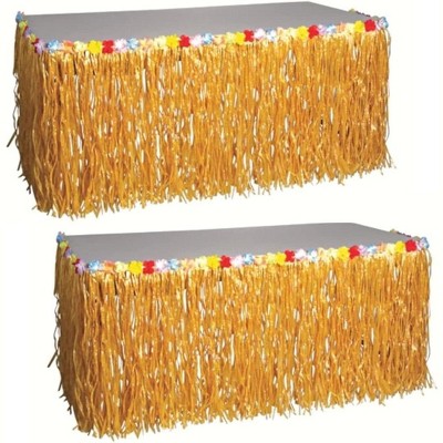 2-Pack Luau Grass Table Skirts with Hibiscus, 9 Ft Reusable - Tropical Party Decor by 4E's Novelty