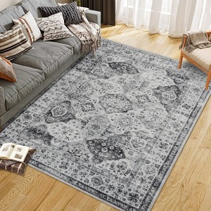 Area Rug, Machine Washable Vintage Distressed Soft Floor Carpet, Low Pile Traditional Floral Print Rug, Indoor Foldable Rug - 1 of 4