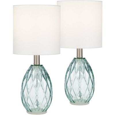 360 Lighting Modern Accent Table Lamps 14 3/4" High Set of 2 Diamond Blue Green Glass Fabric Drum Shade for Bedroom Bedside Office