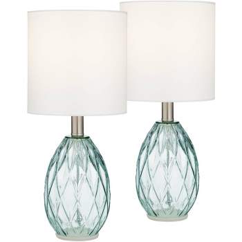 360 Lighting Modern Accent Table Lamps 14 3/4" High Set of 2 Diamond Blue Green Glass Fabric Drum Shade for Bedroom Bedside Office (Color May Vary)