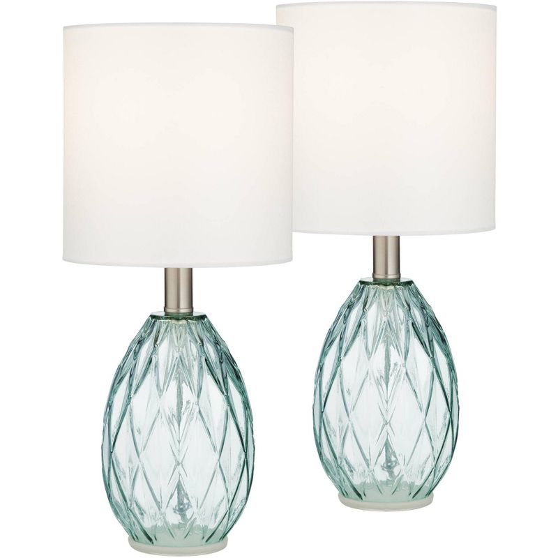 360 Lighting Modern Accent Table Lamps 14 3/4" High Set of 2 Diamond Blue Green Glass Fabric Drum Shade for Bedroom Bedside Office (Color May Vary), 1 of 10