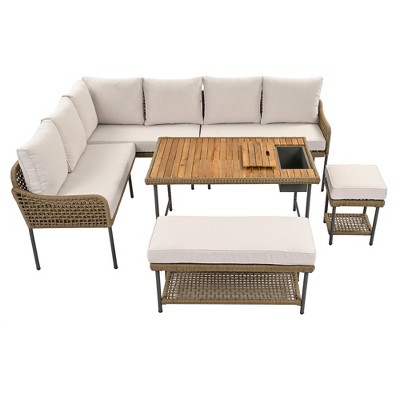 Maggift Patio Seating Sets, All Weather Outdoor Sectional Patio Sofa with Cushion and Backrest, for Lawn Backyard, Beige, 135.25"*90.25"*33.25"