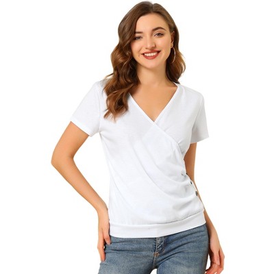INSPIRE CHIC Women's Wrap V Neck Short Sleeve Button Decor Ruched Blouses