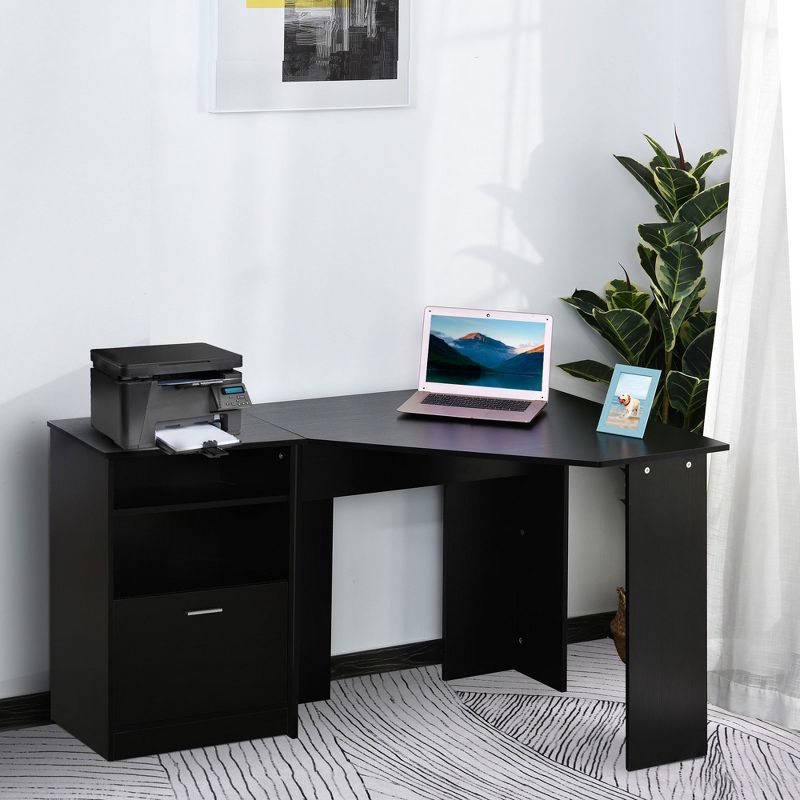 HomCom 2 Piece Corner Computer Desk Workstation with Printer Stand Storage Cabinet, 2 of 9