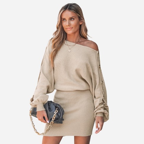 Women's Rib Buttoned One-shoulder Mini Sweater Dress - Cupshe-XS-Apricot