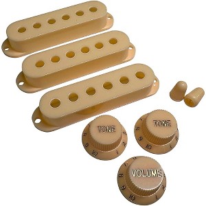 AxLabs Set Of Single Coil Pickup Covers In Vintage Spacing (52mm), Two Switch Tips, And Three Knobs (Gold Lettering) - 1 of 1
