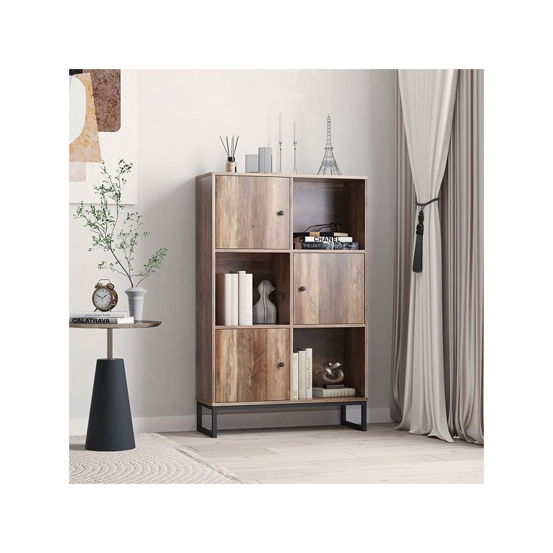 Year Color 3 Tier Free-Standing Modern Open Brown Wood Narrow Bookcase With Doors, Legs And 2X3 Cube Storage Organizer For Office or Library, 4 of 9