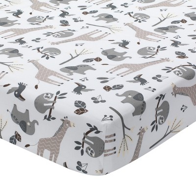 Lambs & Ivy Baby Jungle Animals White/Gray/Taupe Cotton Fitted Crib Sheet