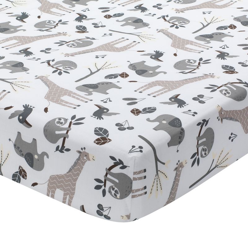 Lambs & Ivy Baby Jungle Animals White/Gray/Taupe Cotton Fitted Crib Sheet, 1 of 5