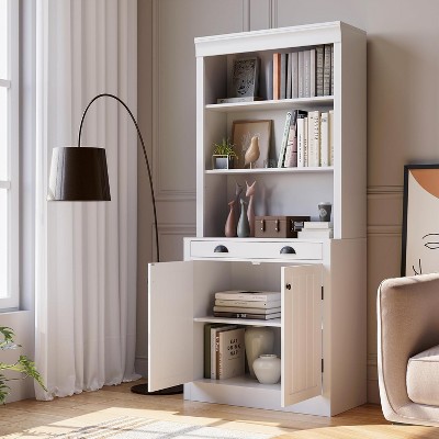 71" Tall 5-Tier Bookshelf w/ Drawer & Doors, Adjustable Shelves, Wood Bookcase Storage Cabinet for Home Office, Living Room, White
