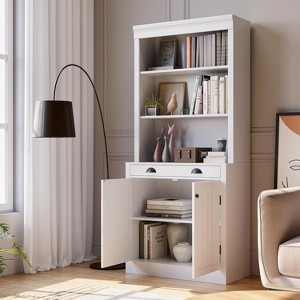 71" Tall 5-Tier Bookshelf w/ Drawer & Doors, Adjustable Shelves, Wood Bookcase Storage Cabinet for Home Office, Living Room, White - 1 of 4
