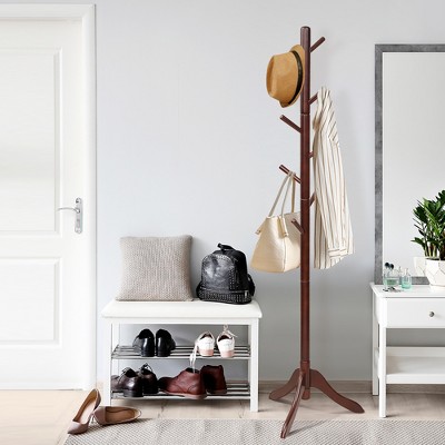 Adjustable Brown Rubber Wood Coat Rack with 8 Hooks
