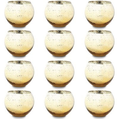 Round Gold Mercury Glass Cylinder Votive Tealight Candle Holder Set of 12 Decorative, 2.7"x2.7"x2.1"
