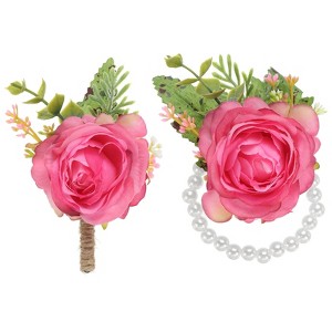 Unique Bargains Fabric Artificial Wedding Rose Flowers Wrist Corsage and Boutonnieres 2 Pcs - 1 of 4