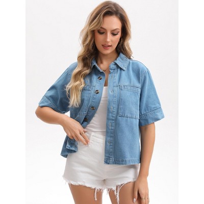 INSPIRE CHIC Women's Short Sleeve Denim Button Down Turndown Collar Casual Jean Jackets Dark Blue Medium — фото 3