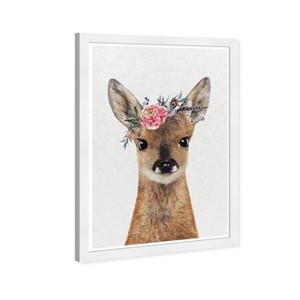 13" x 19" Floral Deer Animals Framed Wall Art Gray/Brown - Olivia's Easel: Modern Botanical Baby Artwork, White Frame - 1 of 4
