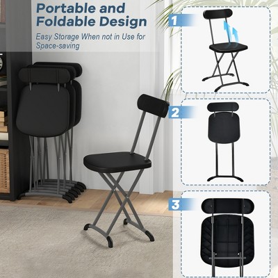 Black Metal Folding Dining Chairs with Ergonomic Backrest, Set of 2