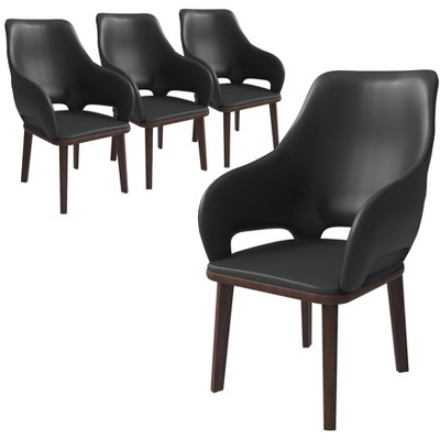 LeisureMod Dining Chair Upholstered in Leather with Rubberwood Base and Legs Vivara Collection Set of 4
