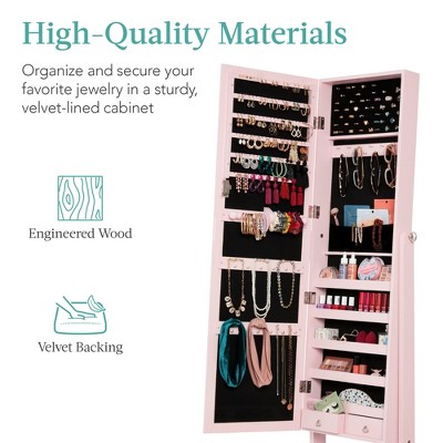 Dusty Pink Full-Length Mirror Jewelry Armoire with Velvet Lining