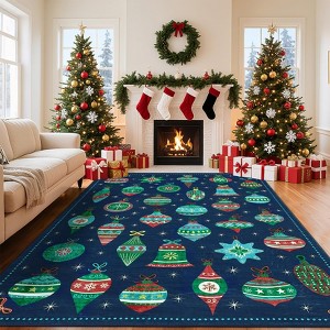 Christmas Ball Print Washable Accent Rug with Non-Slip Backing,Stain-Resistant Low Pile Xmas Holiday Carpet - 1 of 4