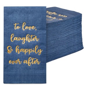 Sparkle and Bash 100 Pack Navy Blue Napkins for Wedding Reception Party with Gold Foil, To Love, Laughter and Happily Ever After, 3-Ply, 4 x 8 In - 1 of 4