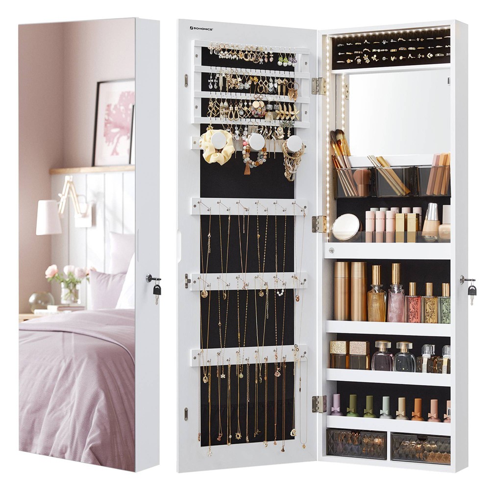 Jewelry Cabinet White - SONGMICS: Lockable MDF Armoire with Mirror &#38; Velvet Lining