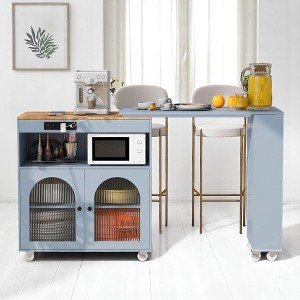 Rolling Kitchen Island with Extendable Table, LED Lights, USB, Fluted Glass Doors, Rubberwood Top, Storage Cabinet and Open Shelves - 1 of 4
