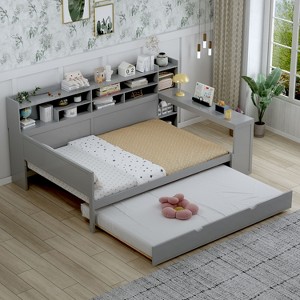 Kumasinova Versatile Twin/Full Size Daybed with Twin Size Trundle,Storage Shelves & Study Desk,Wooden Slatted Platform Bed Frame with 550lbs Max - 1 of 4