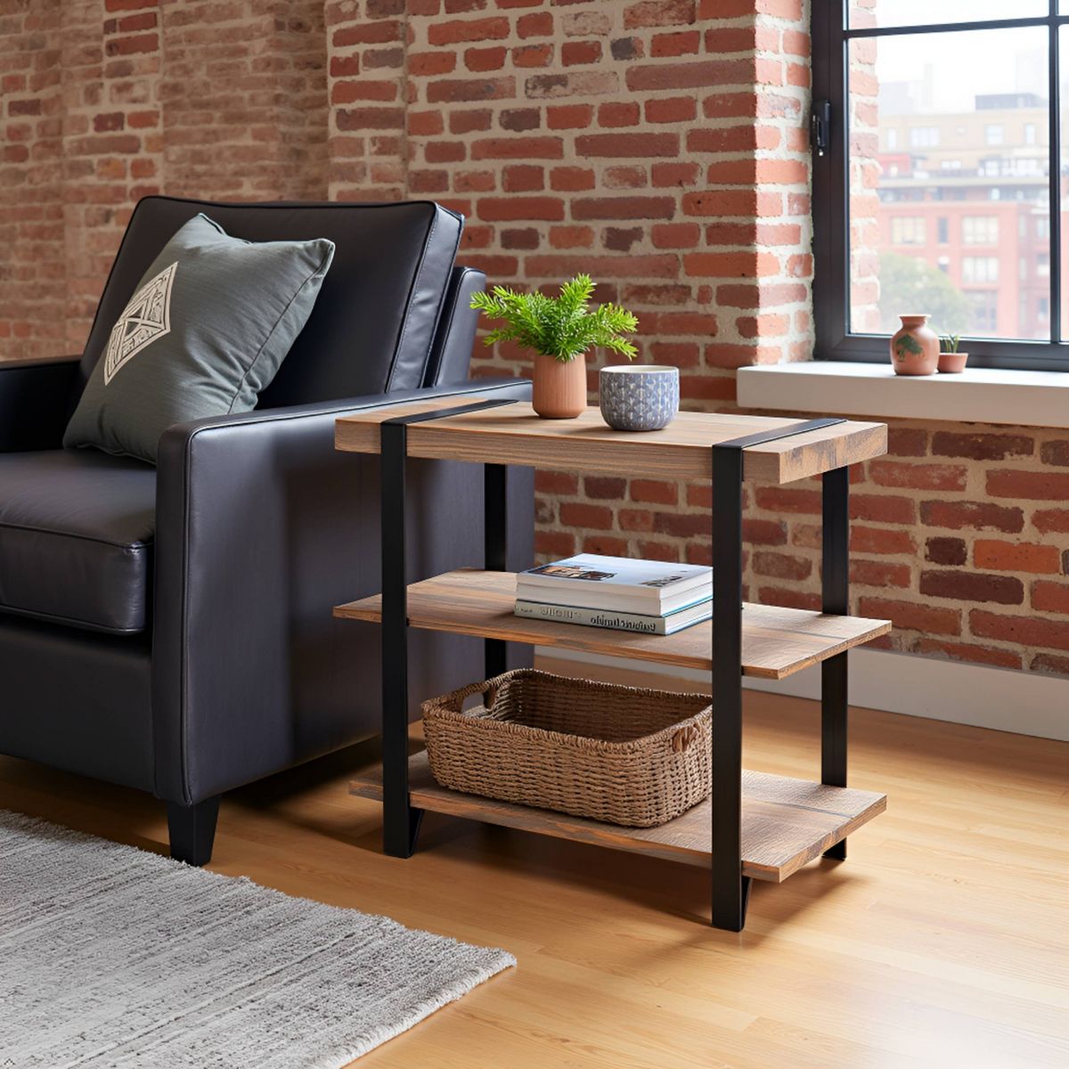 27" Modesto Wide 2 Shelf End Table with Metal Strap, Wood - Alaterre Furniture: Rustic Industrial Design, Black Frame - thumbnail 6