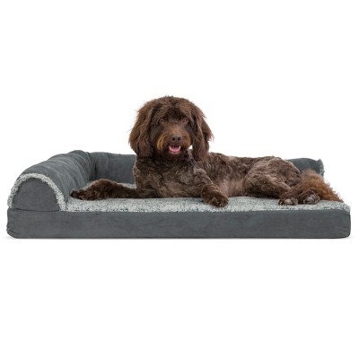 FurHaven Two-Tone Faux Fur & Suede Deluxe Chaise Lounge Cooling Gel Top Memory Foam Sofa Dog Bed