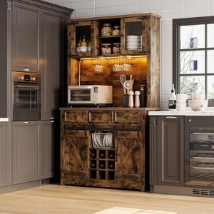 72" Farmhouse Coffee Bar Cabinet with Sliding Barn Door, LED Lights & Power Outlets, Tall Kitchen Buffet Hutch with 3 Drawers & Wine Glass Rack - 1 of 4