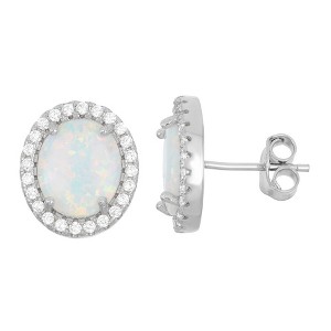 Opalata Sterling Silver White Inlay Opal Oval with CZ Border Stud Earrings - White - 1 of 2