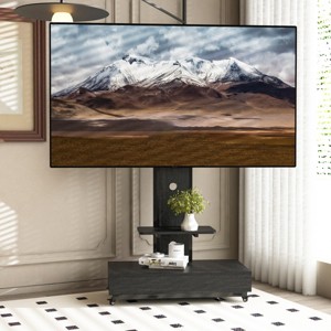 Wood And Glass TV Stand With Push-pull Drawer,Floor Stand With Mount On Lockable Wheels,TV Stand Corner For TVs Up To 75" -The Pop Home - 1 of 4