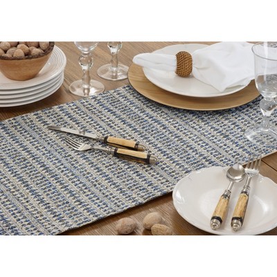 Blue Cotton Blend Textured Table Runner with Woven Design