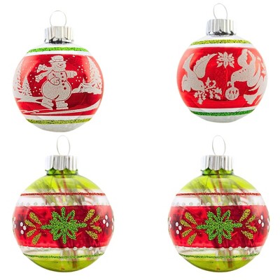 Christopher Radko 2.0 Inch Vintage Flocked Ornament Set Patterns Glitter Scenes Tree Ornament Sets