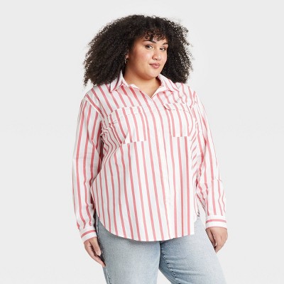 Women's Long Sleeve Relaxed Button-Down Shirt - Ava & Viv™ Coral Red Striped 1X