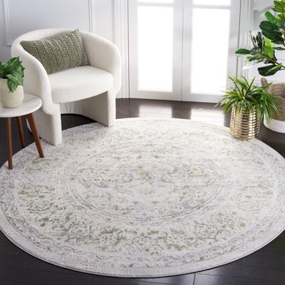 Beige and Green Round Oriental Synthetic Rug, 6'7"