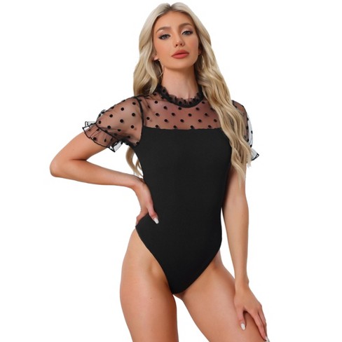 Allegra K Women's Polka Dots Mesh Sheer Short Sleeve Skinny Party Bodysuit  Top Black X-small : Target