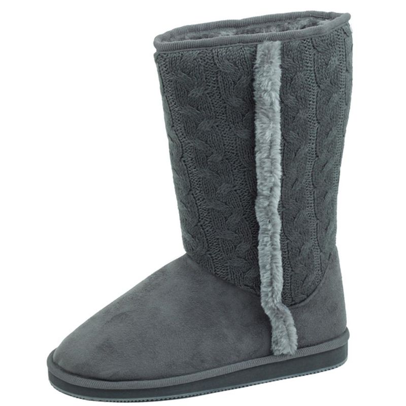 Women's Winter Boots Sweater Knit Crochet Fur Mid Calf Shoes, Gray-6